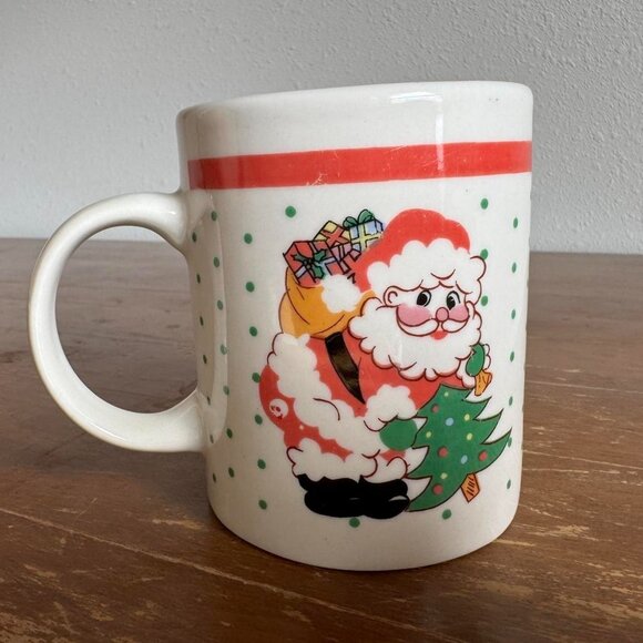 Vintage Santa Christmas Mug, Santa with Tree and Gifts Holiday Coffee Cup - Picture 3 of 7
